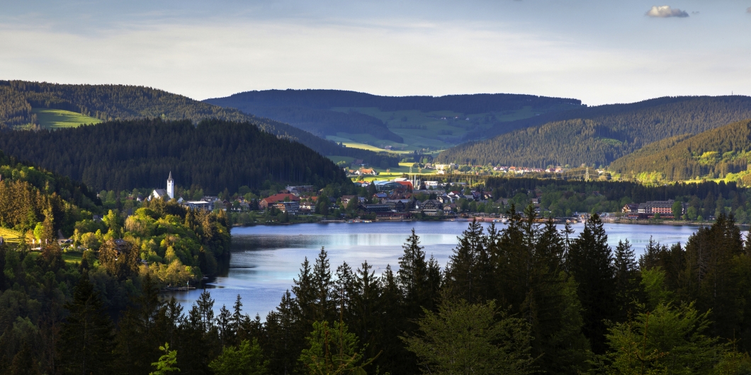 Kleinstadt am See mit bewaldeten Hügeln im Hintergrund.