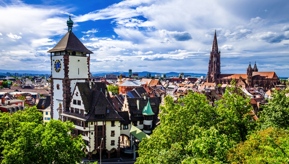 Stadtansicht mit historischem Turm und gotischem Dom, bewölkter Himmel im Hintergrund.