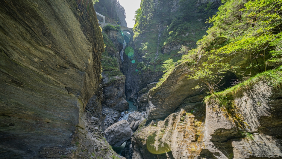 Tiefe Schlucht mit Felsformationen und Bäumen.