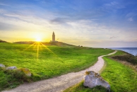 Leuchtturm am Horizont, umgeben von grünen Wiesen, bei Sonnenuntergang.