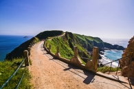 Küstenweg mit Blick auf das Meer und grüne Klippen bei sonnigem Wetter.