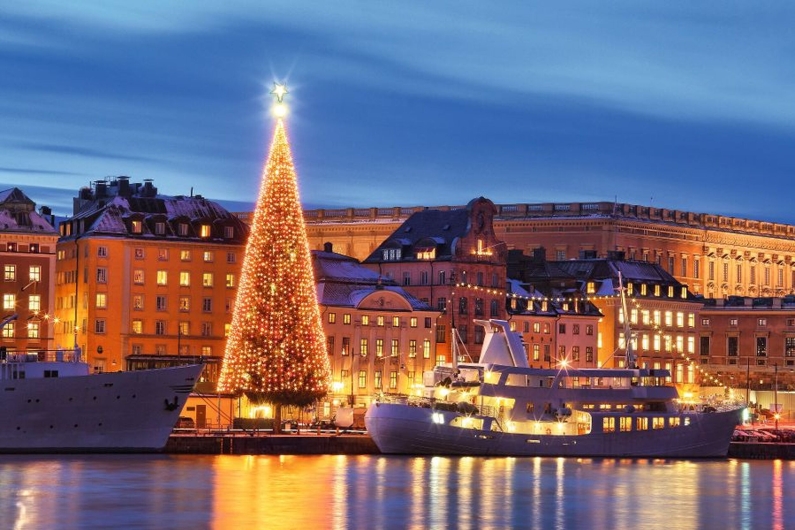 Beleuchteter Weihnachtsbaum in einer winterlichen Stadt am Wasser bei Nacht.