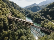 Eisenbrücke mit Zug in grünen Bergen mit Fluss