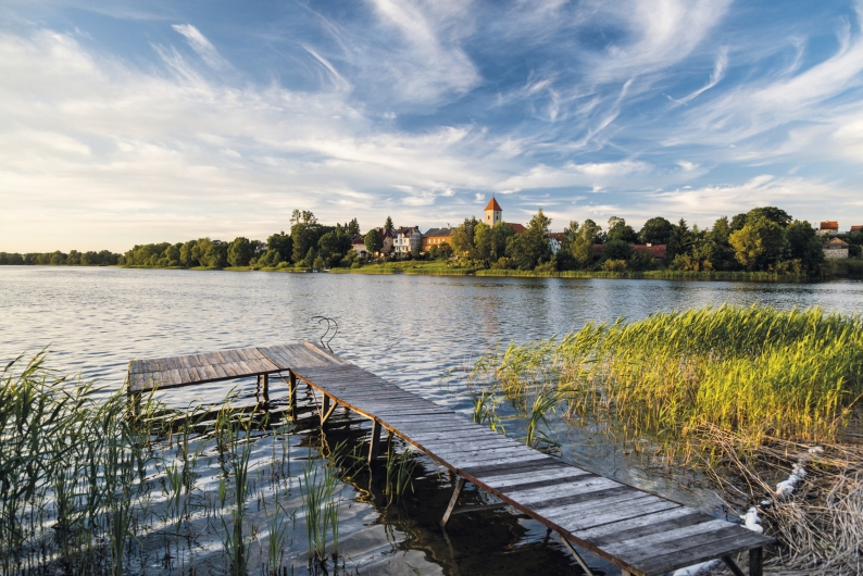 Steg am See mit grünem Ufer