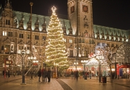 Eine Nachtaufnahme des Hamburger Rathausmarktes zur Weihnachtszeit. Im Bildzentrum steht ein hoher, hell erleuchteter Weihnachtsbaum mit einem leuchtenden Stern an der Spitze. Im Hintergrund ist die beleuchtete Fassade des Hamburger Rathauses mit seinem markanten Turm und der Uhr zu sehen. Rechts befinden sich Marktstände und ein dekorierter Pavillon mit einer leuchtenden Schlitten-Silhouette auf dem Dach. Passanten bewegen sich über den gepflasterten Platz, der von historischen Straßenlaternen beleuchtet wird.