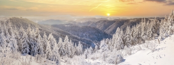 Ein weitläufiges Panorama einer winterlichen Gebirgslandschaft im Schwarzwald, vermutlich nahe der Schwarzwaldhochstraße oder dem Schliffkopf. Im Vordergrund stehen zahlreiche Tannen, deren Zweige schwer von weißem Schnee und Reif bedeckt sind. Der Blick reicht über mehrere bewaldete, bläulich schimmernde Bergketten und Täler. Am Horizont steht die tiefstehende Sonne in einem gold-orange leuchtenden Himmel und taucht die gesamte Szenerie in ein warmes Licht. Der Hang im rechten Vordergrund ist ebenfalls komplett schneebedeckt.