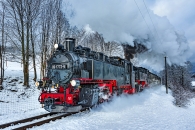 Eine historische Dampflokomotive der Baureihe 99 (Nummer 99 1772-5) der Fichtelbergbahn fährt mit einer großen, weißen Dampfwolke durch eine tief verschneite Winterlandschaft im Erzgebirge. Die schwarz-rote Lokomotive ist von vorne rechts zu sehen, wie sie auf den Schienen durch den hohen Schnee dampft, während im Hintergrund kahle, schneebedeckte Bäume unter einem grauen Winterhimmel stehen.