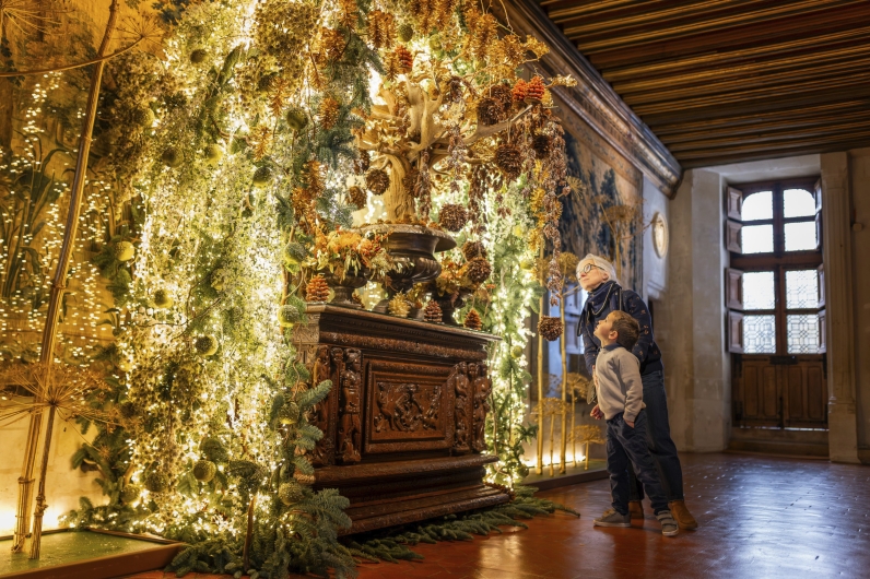 Eine Frau und ein kleiner Junge betrachten im Schloss Chenonceau staunend ein üppiges, hell erleuchtetes Weihnachtsgesteck aus Naturmaterialien. Die Installation aus Tannenzweigen, Zapfen und unzähligen Lichtern thront auf einer prunkvollen Renaissance-Truhe. Der Raum ist durch eine historische Holzbalkendecke und einen Wandteppich im Hintergrund geprägt.
