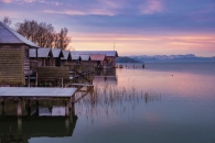 Eine winterliche Weitwinkelaufnahme eines Sees in Oberbayern (vermutlich am Starnberger See oder Ammersee) während der Dämmerung. Im linken Vordergrund stehen mehrere rustikale, hölzerne Bootshäuser auf Stelzen über dem Wasser, deren Dächer mit einer leichten Schneeschicht bedeckt sind. Von den Hütten führen schmale Holzstege in den See. Im ruhigen Wasser spiegeln sich die Farben des Himmels und einzelne Halme von vertrocknetem Schilf ragen aus der Wasseroberfläche empor. Im Hintergrund erstreckt sich am Horizont das Panorama der schneebedeckten Alpen unter einem dramatischen Abendhimmel, der in sanften Violett-, Rosa- und Blautönen leuchtet. Die gesamte Szenerie wirkt friedlich und eiskalt.