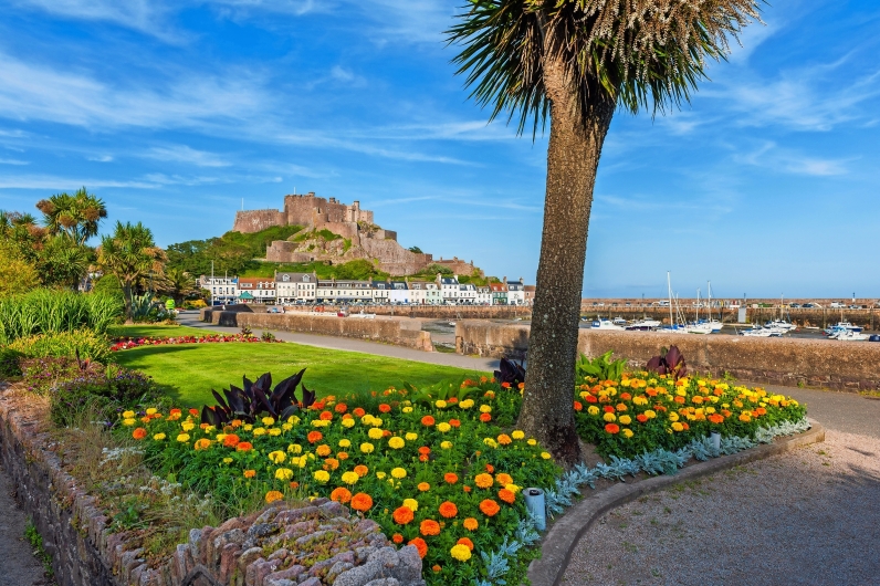 Blumenbeet und Palme mit Burg im Hintergrund bei sonnigem Wetter.